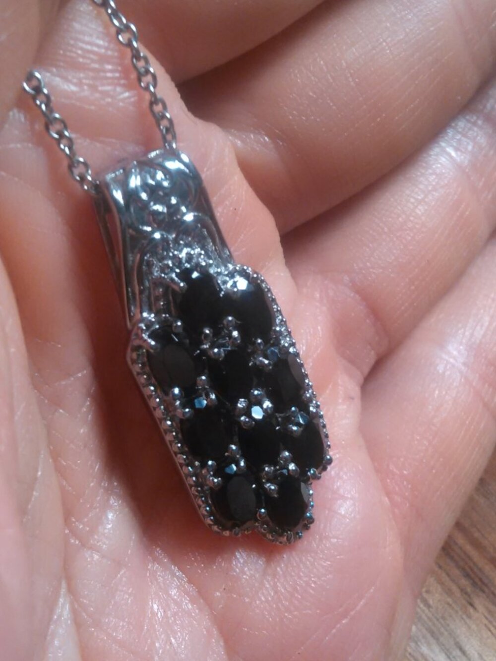 Thai Black Spinel Cluster Design Stainless Steel Pendant Necklace